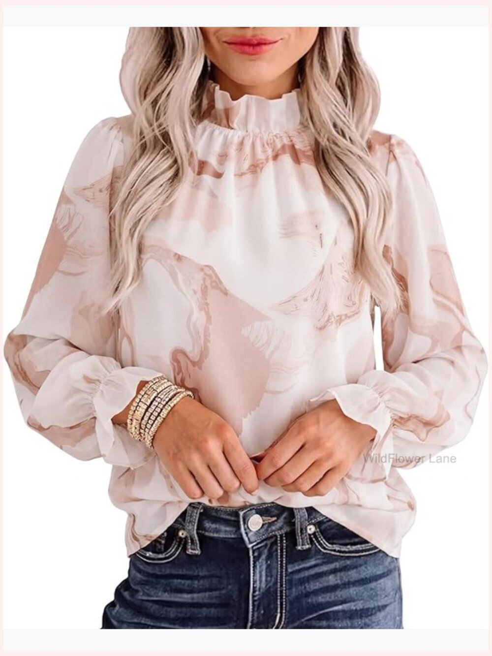 Floral Blouse Puff Long Sleeve Mock Neck Chiffon Boho Top Pleated Dressy Casual